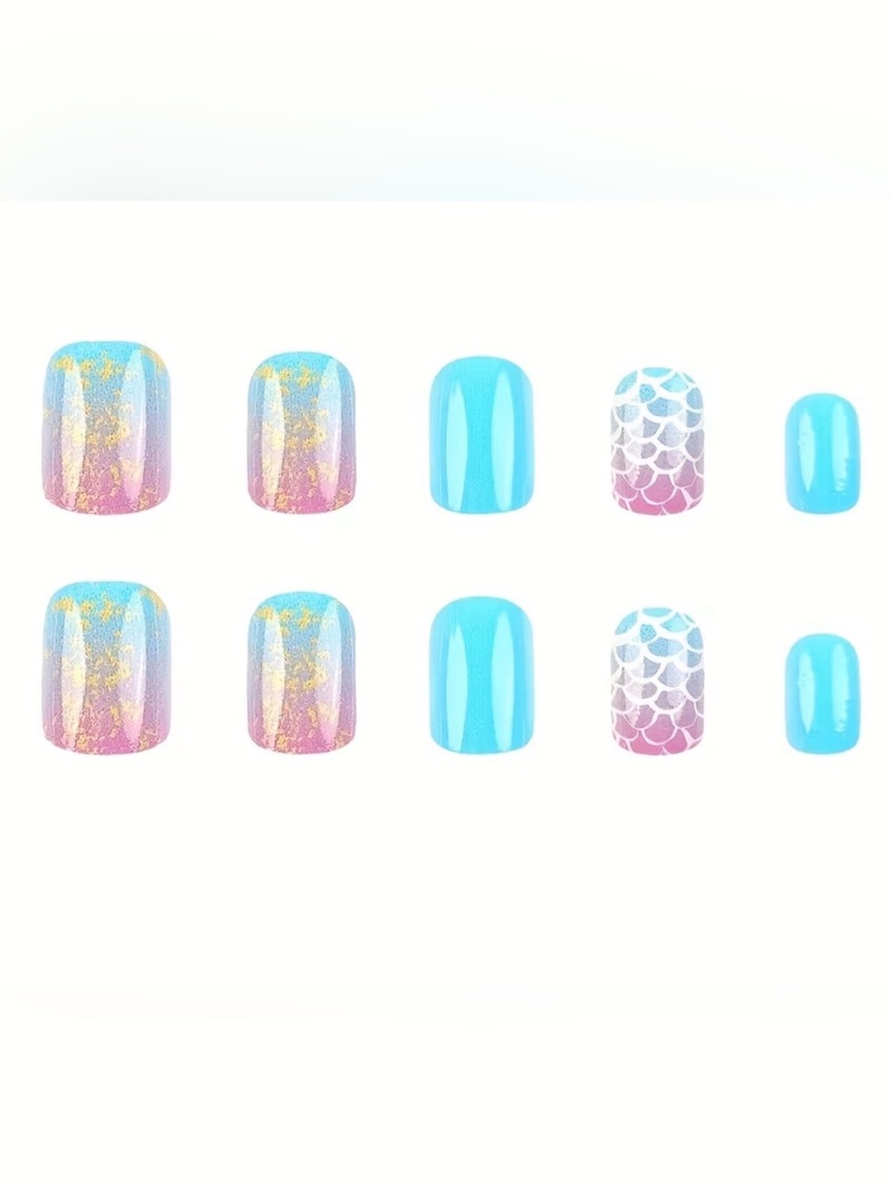Press-On Mermaid Ombre Nails in Blue & Pink with Gold Accent 24pc Set
